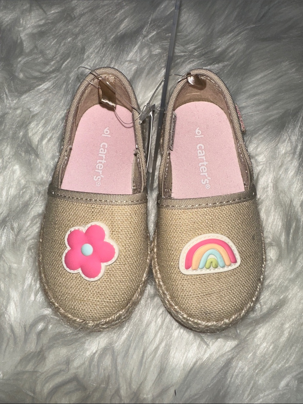 Carter's Beige Slip-On Kids Espadrilles with Pink Flower & Rainbow